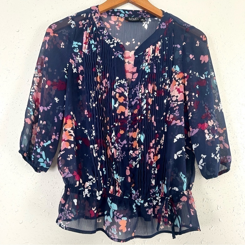 🦋 A.n.a A New Approach Blue Sheer Floral Mid Sleeve Blouse Petite PS